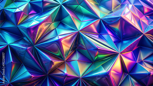 Polygonal and Holographic Background with Fluid Lines and Curves in Purple, Blue, and Green with Copy Space, Iridescent geometric texture, colorful, with reflective triangular facets photo