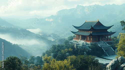 A serene view of a Chinese temple nestled in a mountain valley. No people, copy space.