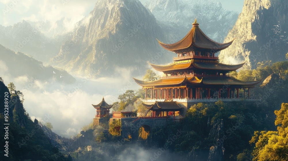 Obraz premium A serene view of a Chinese temple nestled in a mountain valley. No people, copy space.