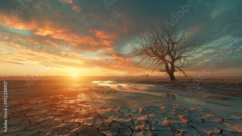 Dry lake and river with cracked earth, a barren tree, and a small creek against a sunset backdrop photo