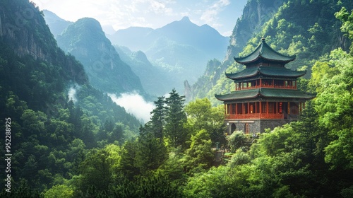 A serene view of a Chinese temple nestled in a mountain valley. No people, copy space.