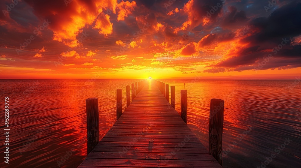Obraz premium A pier on the bay coast under a fiery red-orange sunset