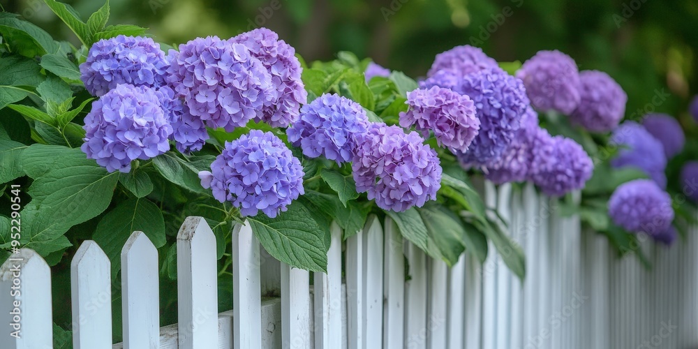 Fototapeta premium White picket fence with blooming hydrangeas in a cottage garden