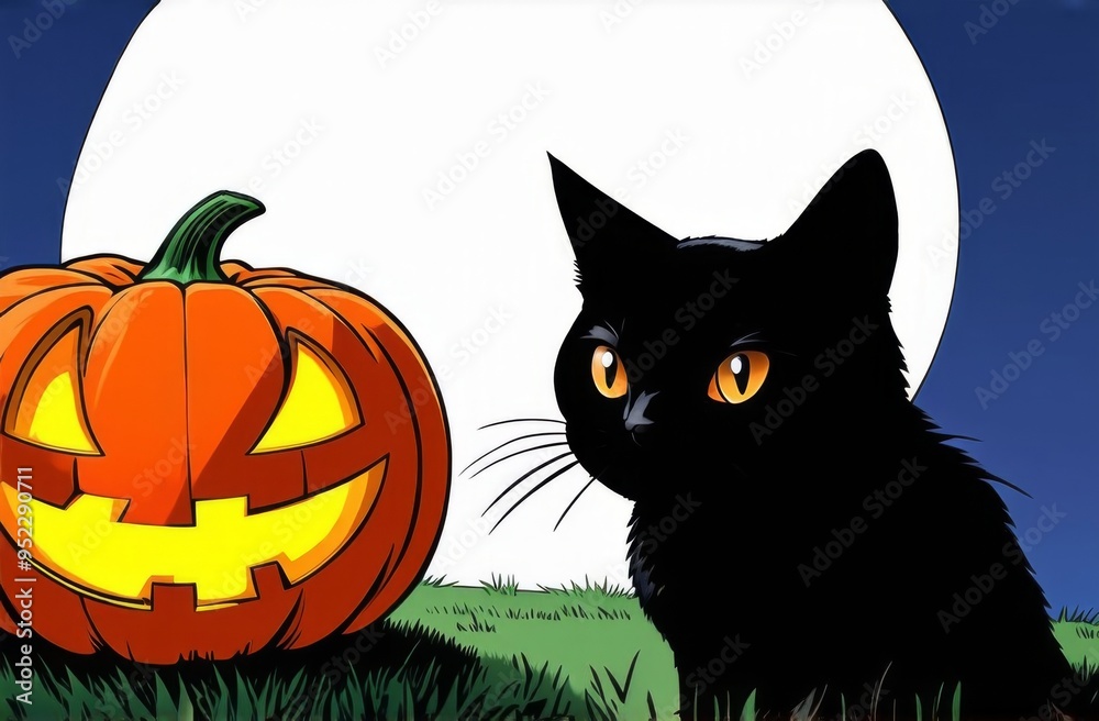 Halloween pumpkin and black cat against the backdrop of the full moon. Night Halloween pumpkin and black cat against the backdrop of the full moon. Night