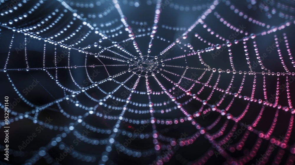 Fototapeta premium Mystical spider web with dew drops, suitable for Halloween celebrations. Shining drops of water on thin threads of the web create the effect of a terrifying and magical decor
