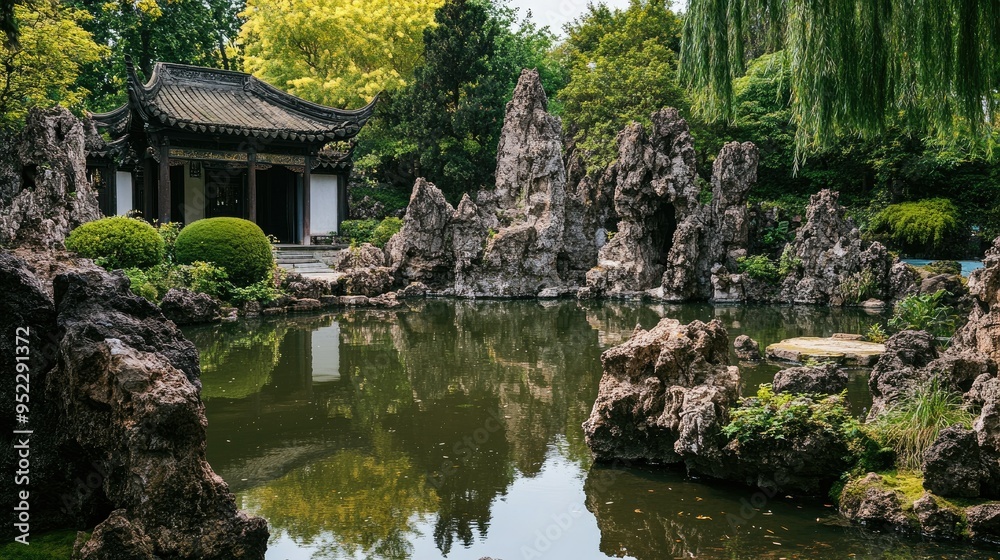 A traditional Chinese garden with a pond and rock formations. No people, copy space. A traditional Chinese garden with a pond and rock formations. No people, copy space.