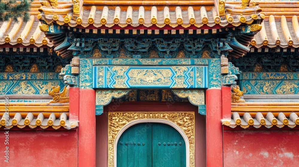 Obraz premium A traditional Chinese gate with ornate designs and vibrant colors. No people, copy space.