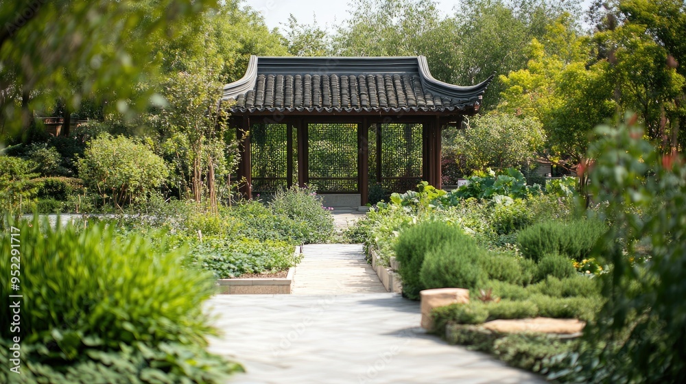 A traditional Chinese herb garden with various medicinal plants. No people, copy space. A traditional Chinese herb garden with various medicinal plants. No people, copy space.