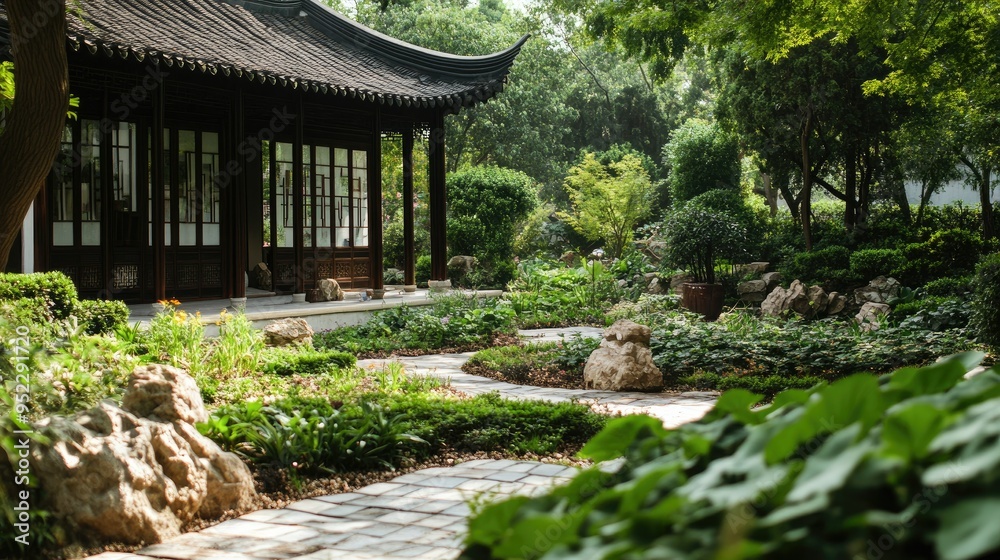 Obraz premium A traditional Chinese herb garden with various medicinal plants. No people, copy space.