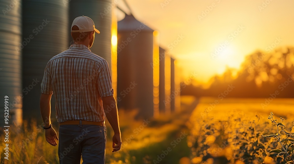 Male farmer walking along silos on sunny farm : Generative AI Male farmer walking along silos on sunny farm : Generative AI