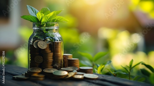 MortgageModel house and stack of coins money in the glass bottle on natural green backgroundBusiness investment and real estate concept : Generative AI photo
