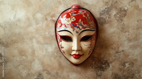 A traditional Chinese opera mask hanging on a wall. No people, copy space.