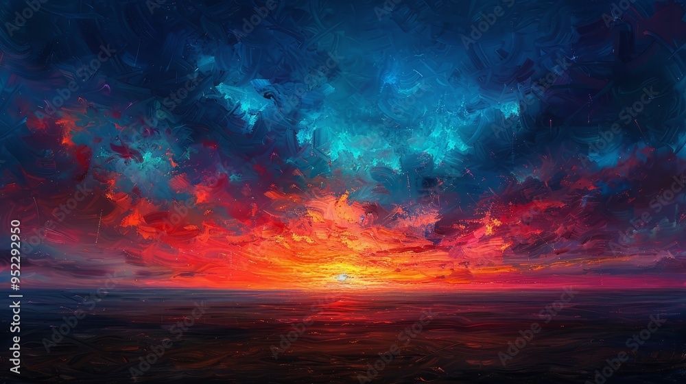 Red and blue hues of a fiery sunset, a fantastic evening Red and blue hues of a fiery sunset, a fantastic evening