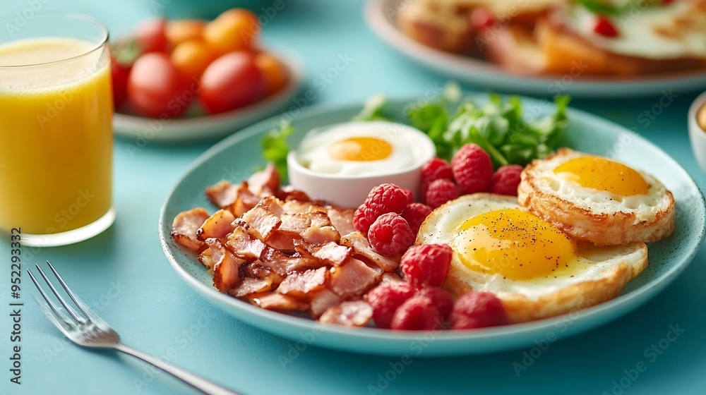 Plates of tasty English breakfast with coffee and juice on blue background : Generative AI Plates of tasty English breakfast with coffee and juice on blue background : Generative AI