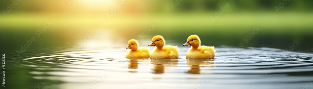 Three adorable ducklings swim in calm water, surrounded by a serene natural background with a warm sunrise lighting. Three adorable ducklings swim in calm water, surrounded by a serene natural background with a warm sunrise lighting.