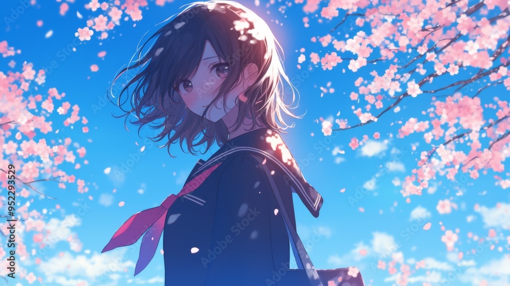 High school girl in uniform standing under cherry blossoms petals fall background detailed anime style High school girl in uniform standing under cherry blossoms petals fall background detailed anime style