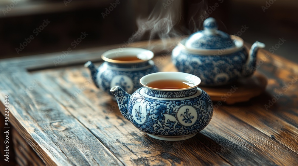 A traditional Chinese tea set on a wooden table with intricate patterns. No people, copy space. A traditional Chinese tea set on a wooden table with intricate patterns. No people, copy space.