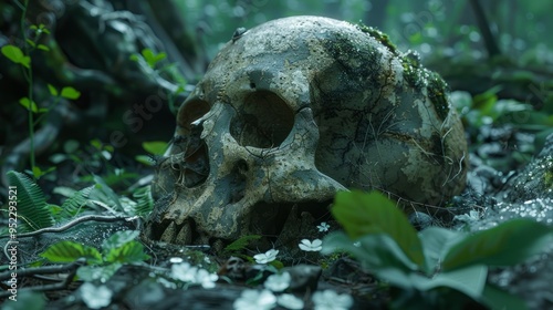 A forgotten skull, half-covered by leaves and earth, lies in a shallow grave in the middle of a dense forest, creating an eerie atmosphere