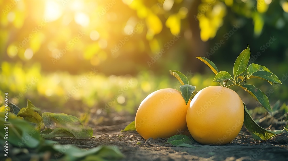A picture of Beautiful Ripe Yellow Mangoes lying on the ground with a Beautiful Background and Morning Sun rays : Generative AI A picture of Beautiful Ripe Yellow Mangoes lying on the ground with a Beautiful Background and Morning Sun rays : Generative AI
