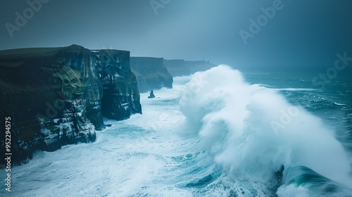 The large waves crashing against the cliffs of Moher create a breathtaking spectacle. The power of the ocean and the rising foam emphasize the majesty and ruggedness of this natural landscape photo