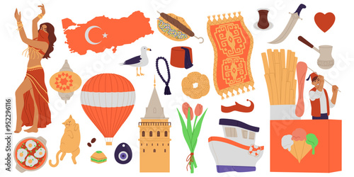 Turkey culture. Turkish traditional attractions. Travel icons. Country map. Harem concubine. National food. Turk coffee. Carpet and hat. Ice cream cart. Istanbul monument. Vector tourism elements set