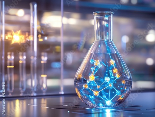 Modern Laboratory with Futuristic Molecular Model in Glass Flask Illuminated by Neon Lights photo