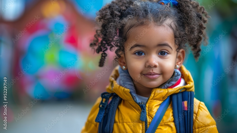 A little boy of African descent walks happily to school with a backpack on his shoulders A little boy of African descent walks happily to school with a backpack on his shoulders