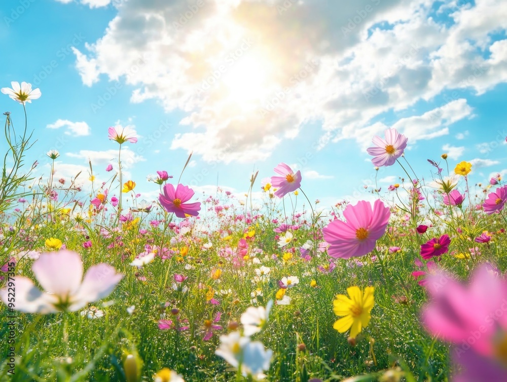 Sunny Meadow with Colorful Wildflowers Under a Bright Blue Sky and Fluffy Clouds Sunny Meadow with Colorful Wildflowers Under a Bright Blue Sky and Fluffy Clouds