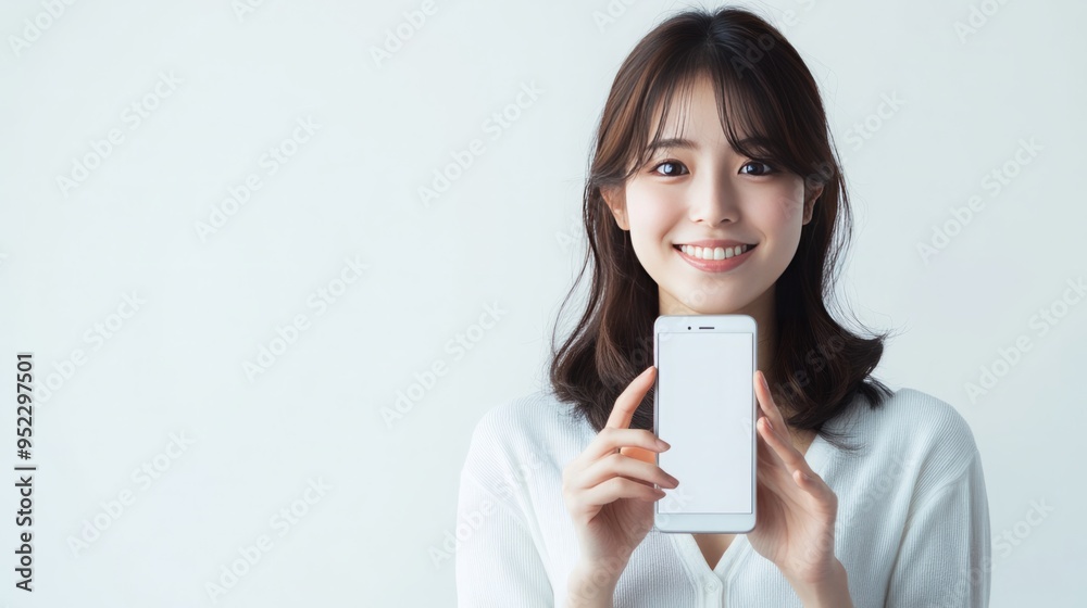 Japanese Young Woman Holding a Smartphone with a White Screen in Front of a Pure White Background. Ideal for Displaying Text with Ample Copy Space and Clean, Modern Aesthetic. Japanese Young Woman Holding a Smartphone with a White Screen in Front of a Pure White Background. Ideal for Displaying Text with Ample Copy Space and Clean, Modern Aesthetic.