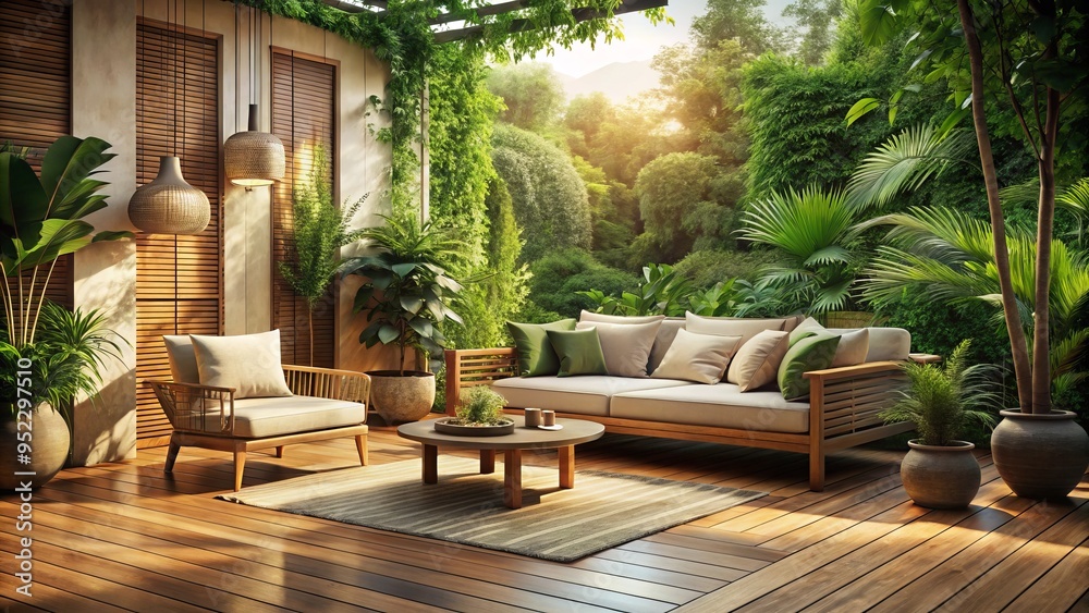 Wooden slats and lush greenery dissolve into plush cushions, evoking serene luxury, gentle dew and warm hues blend, sophistication and rustic charm converge in tranquility. Wooden slats and lush greenery dissolve into plush cushions, evoking serene luxury, gentle dew and warm hues blend, sophistication and rustic charm converge in tranquility.