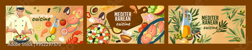 Mediterranean food. European cuisine posters. Kitchen ingredients. Greek salad cooking. Meal on table. Health menu recipe. Fresh vegetable with olive oil. Oyster eating. Vector culinary banners set