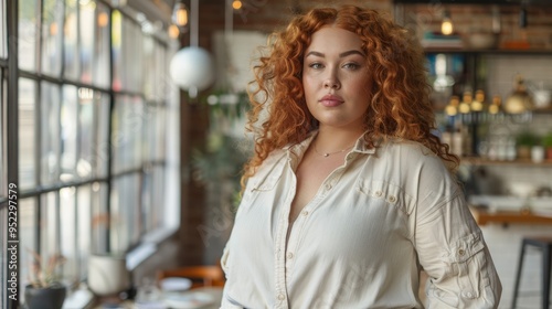 A plus-size model in an urban environment, dressed in jeans and a cream shirt, with bright red hair, exudes confidence and style