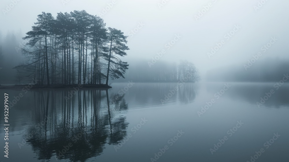 Fototapeta premium Dense fog creeps over the motionless surface of the lake, blurring the line between water and sky. The trees along the shoreline are barely visible through the fog