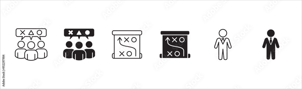 Business icon set. Contains icon or symbol of strategy, discussion, businessman, plan, idea, option. Vector illustration in thin line and flat solid design. Business icon set. Contains icon or symbol of strategy, discussion, businessman, plan, idea, option. Vector illustration in thin line and flat solid design.