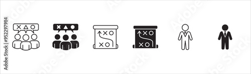 Business icon set. Contains icon or symbol of strategy, discussion, businessman, plan, idea, option. Vector illustration in thin line and flat solid design.