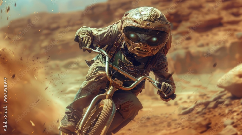An alien on a bicycle rides merrily through the red desert of Mars An alien on a bicycle rides merrily through the red desert of Mars