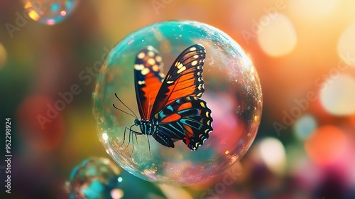 a fairy-tale butterfly stuck in a colorful bubble