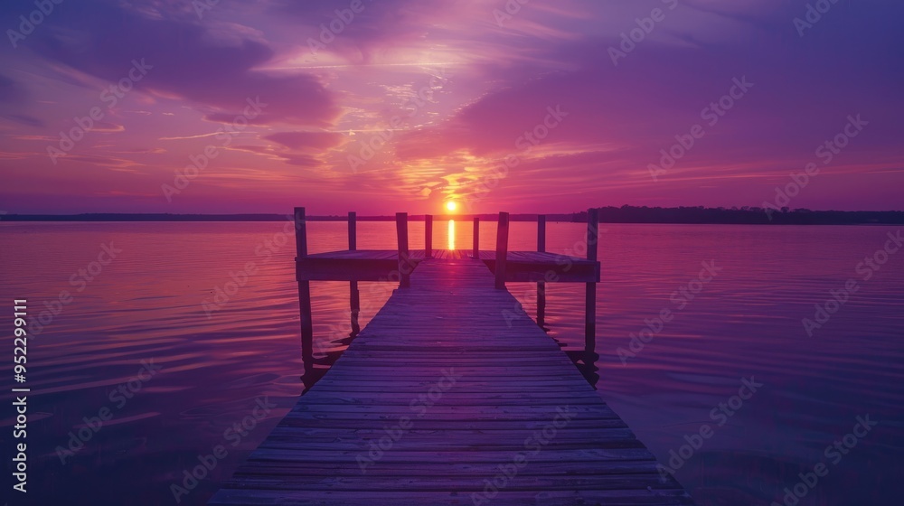 Jetty pier deck. sunset lake. purple and orange sky Jetty pier deck. sunset lake. purple and orange sky