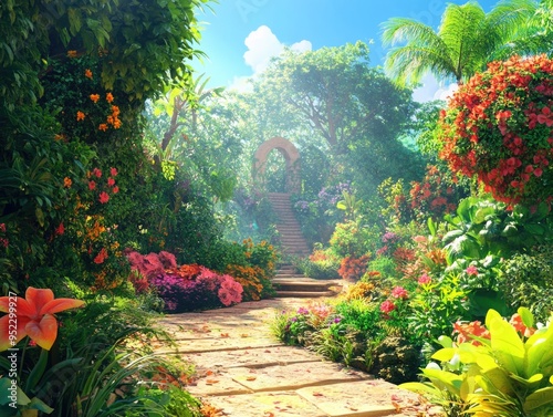 Tropical Garden Pathway with Blooming Flowers and Lush Greenery on a Sunny Day photo