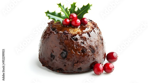 Exquisite Christmas Pudding with Festive Cranberry and Holly Garnish on Minimalist White Background