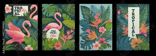 Watercolor summer flamingo. Tropical vibe. Palm leaves. Exotic flowers pattern. Abstract border. Pink birds. Natural brush greenery. Jungle foliage. Tourism banners set. Vector botanical backgrounds