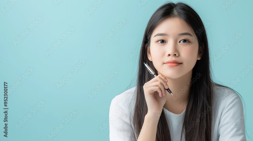 A mid-20s Asian woman with long black hair sits in a quiet room, holding a pen and contemplating while journaling against a light blue background A mid-20s Asian woman with long black hair sits in a quiet room, holding a pen and contemplating while journaling against a light blue background