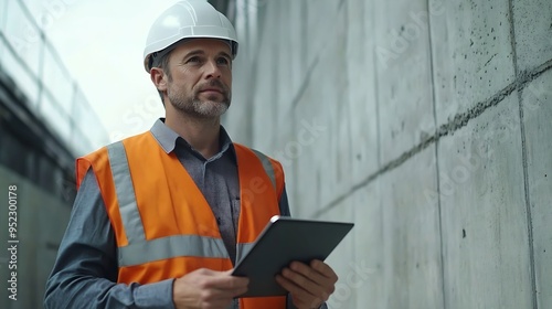 Confident male civil engineer wearing safety vest with white helmet standing and holding tablet working at factory or construction site making precast concrete wall for real estate hou : Generative AI photo