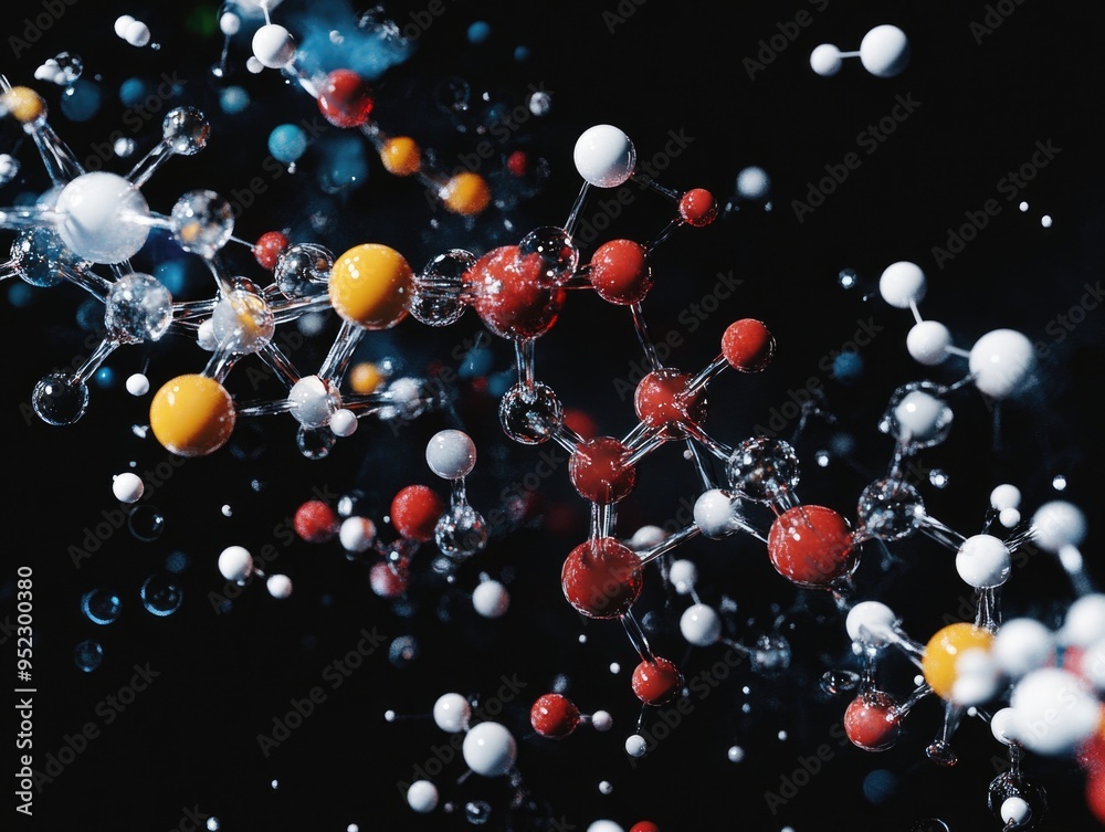 Abstract Molecular Structure with Colored Spheres and Connecting Rods on Black Background in Science Concept Abstract Molecular Structure with Colored Spheres and Connecting Rods on Black Background in Science Concept
