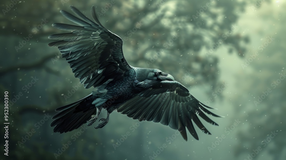 Naklejka premium A black raven soared in the sky, its wings spread out like shadows against the setting sun. Majestic and mysterious, it glided through the air like the embodiment of the night itself