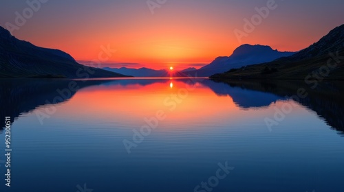 Sunset reflecting on a lake at dusk