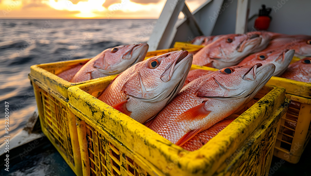 Obraz premium Close-up of freshly caught fish in yellow crates, showcasing vibrant colors and the essence of marine life on a fishing boat.