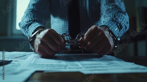 Tax evasion crime and fraud concept Man in handcuffs filling out tax form Income tax return documents and handcuffs : Generative AI