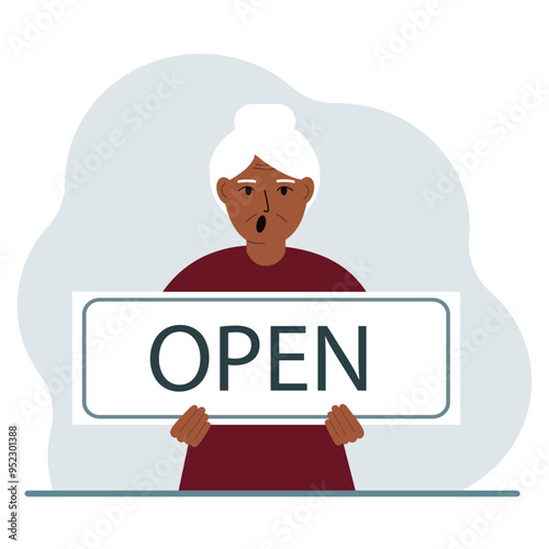 A woman holds a board with the text OPEN in his hands. Advertising poster. Vector flat illustration