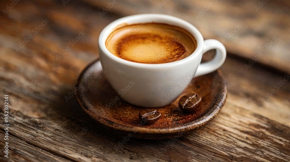 Authentic Italian Espresso served in a Small Ceramic Cup on Wooden Table Authentic Italian Espresso served in a Small Ceramic Cup on Wooden Table